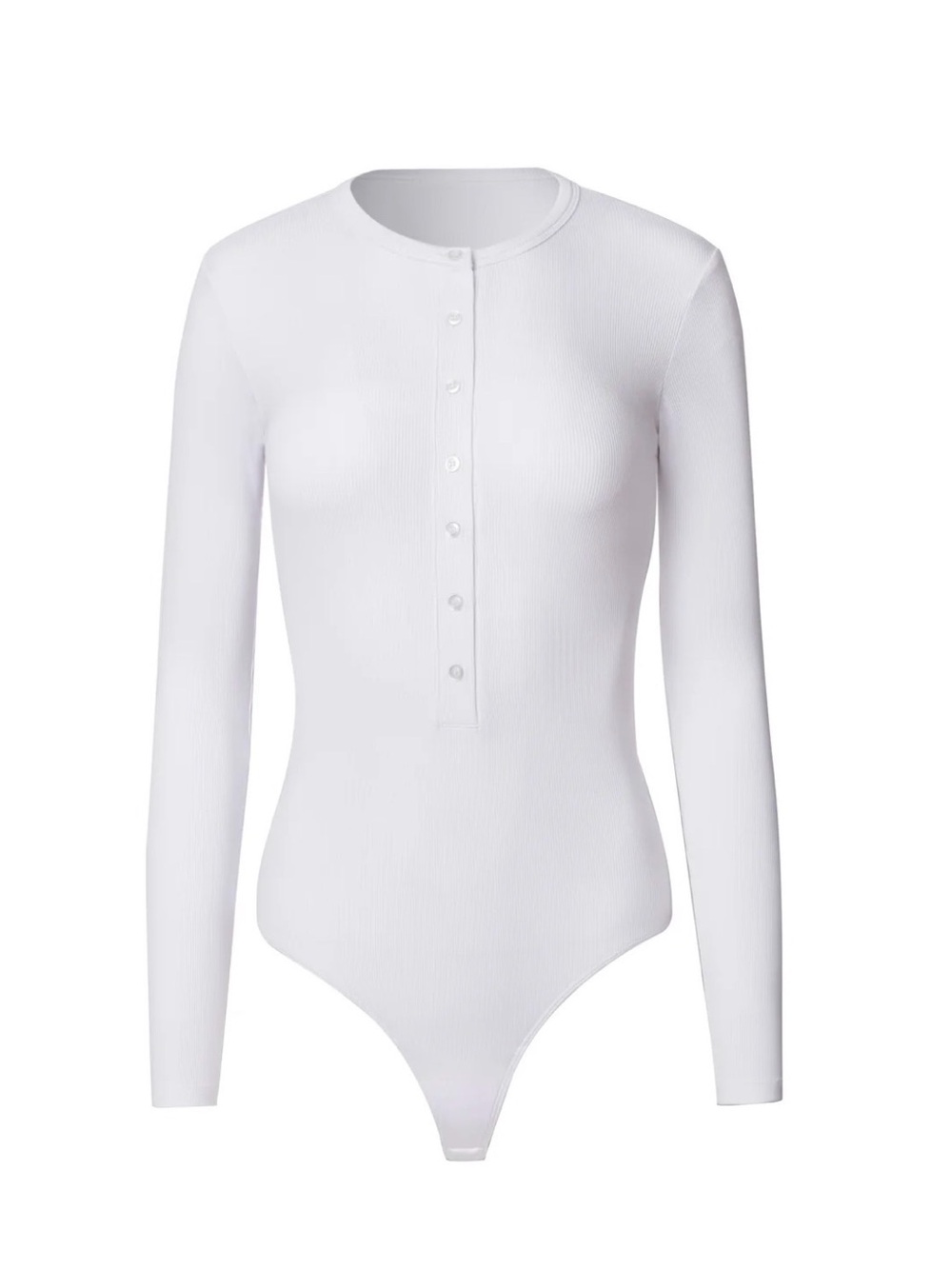 Clyque Annie White Ribbed Button-Front Long Sleeve Bodysuit